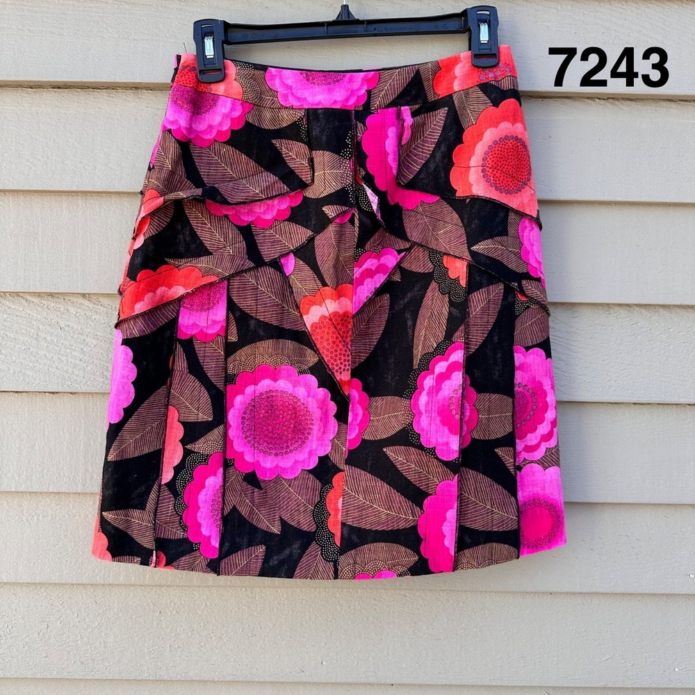 Etcetera Pink Floral Mini Skirt Size 0 Ramie Textured Lined Statement Retro